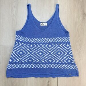 Y2K Hollister Blue Knit Tank Top Womens S Geometric Pattern Sleeveless Cotton